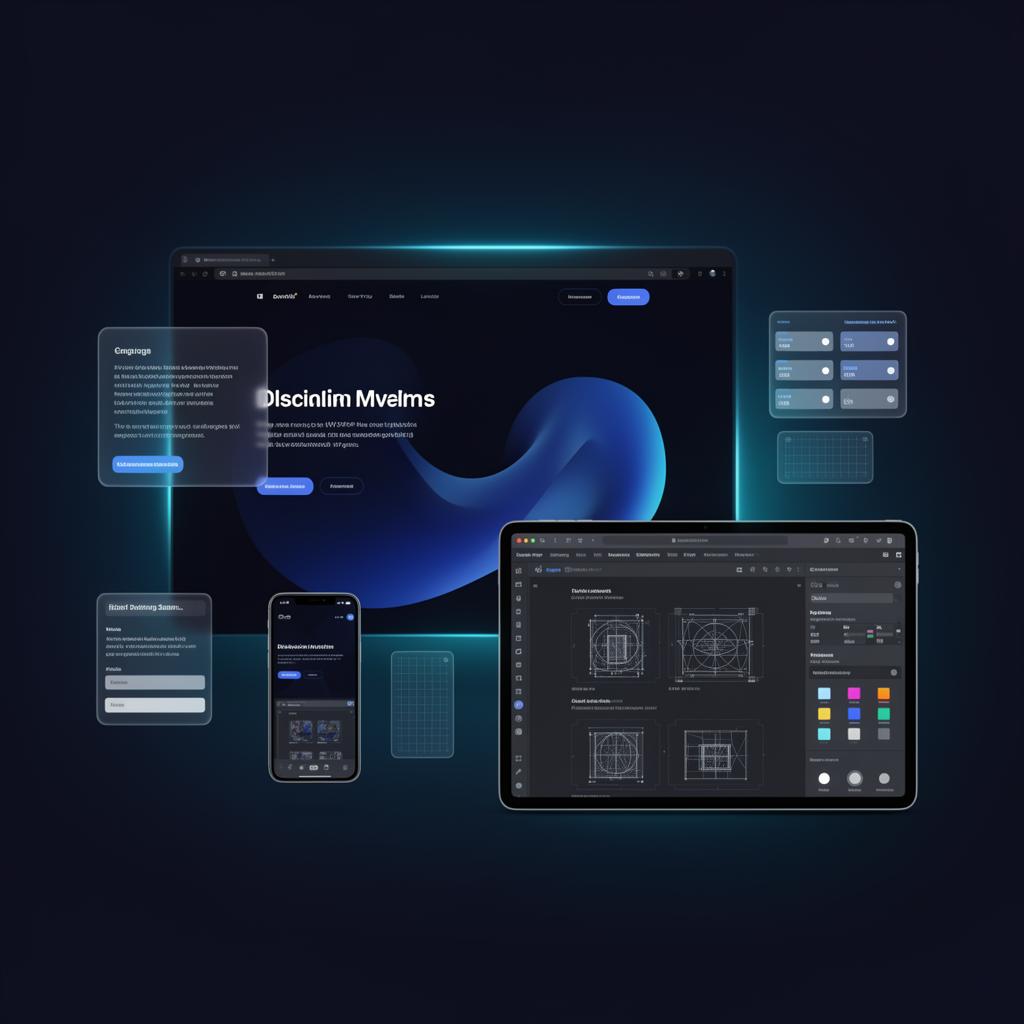 Premium website design workspace with desktop, mobile and tablet UI mockups